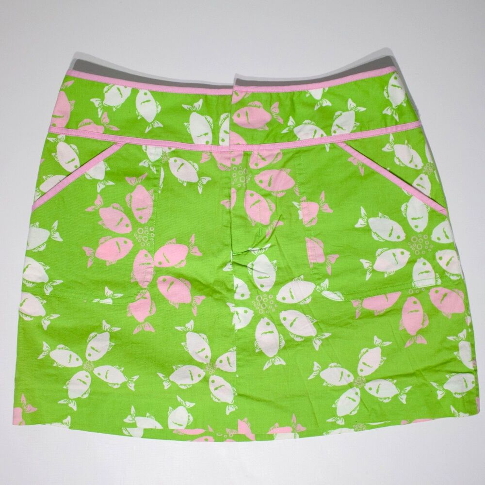 VTG Lilly Pulitzer White Label Mini Skirt Skort Green Pink Fish Women Sz. 0 (B5)